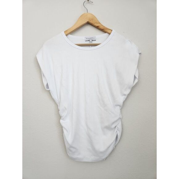 Michael Stars White Ruched Ribbed Cap Sleeve Top | Size L - Picture 1 of 9
